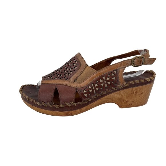Ariat Womens Brown Leather Slingback Sandals With Laser Cut Design & Wooden Wedg - Picture 1 of 9
